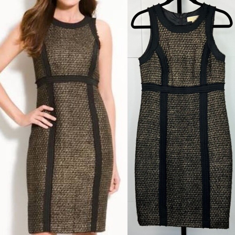 Michael Kors Tweed Sheath Dress Sz 4 Black Gold Metallic Career Cocktail Preppy